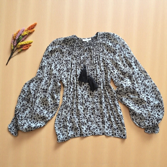 Karina Grimaldi Silk Oversized Balloon Sleeve Floral Print Top Black Ivory M - Picture 14 of 14